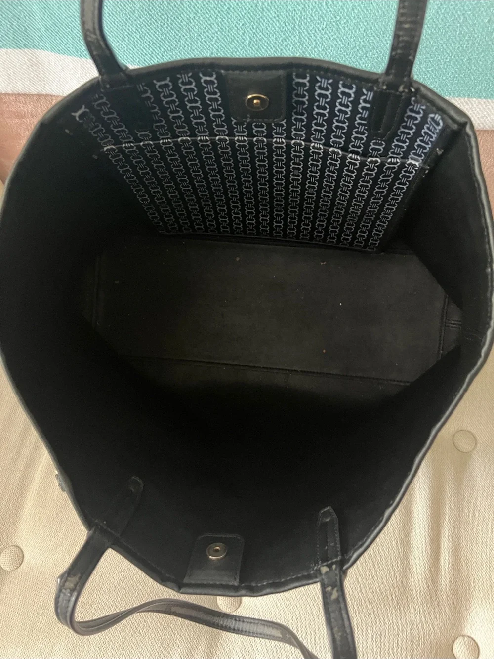 Tory Burch Black Monogram Stripe Tote with Center Plaque